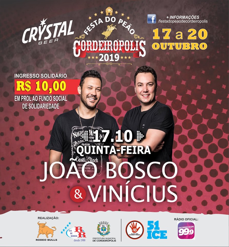 Festa do Peão está chegando em Cordeirópolis e João Bosco e Vinícius abrem com valor de R$ 10,00