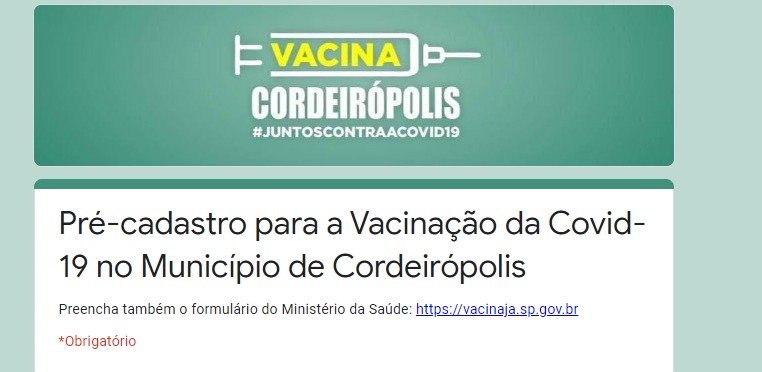 Cordeirópolis abre cadastro para vacina contra covid para pessoas de 18 a 59 anos