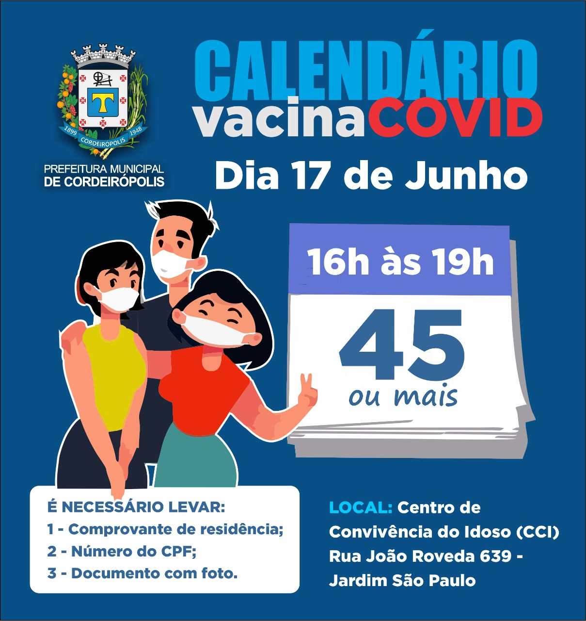 Cordeirópolis anuncia vacinação contra covid para pessoas acima de 45 anos