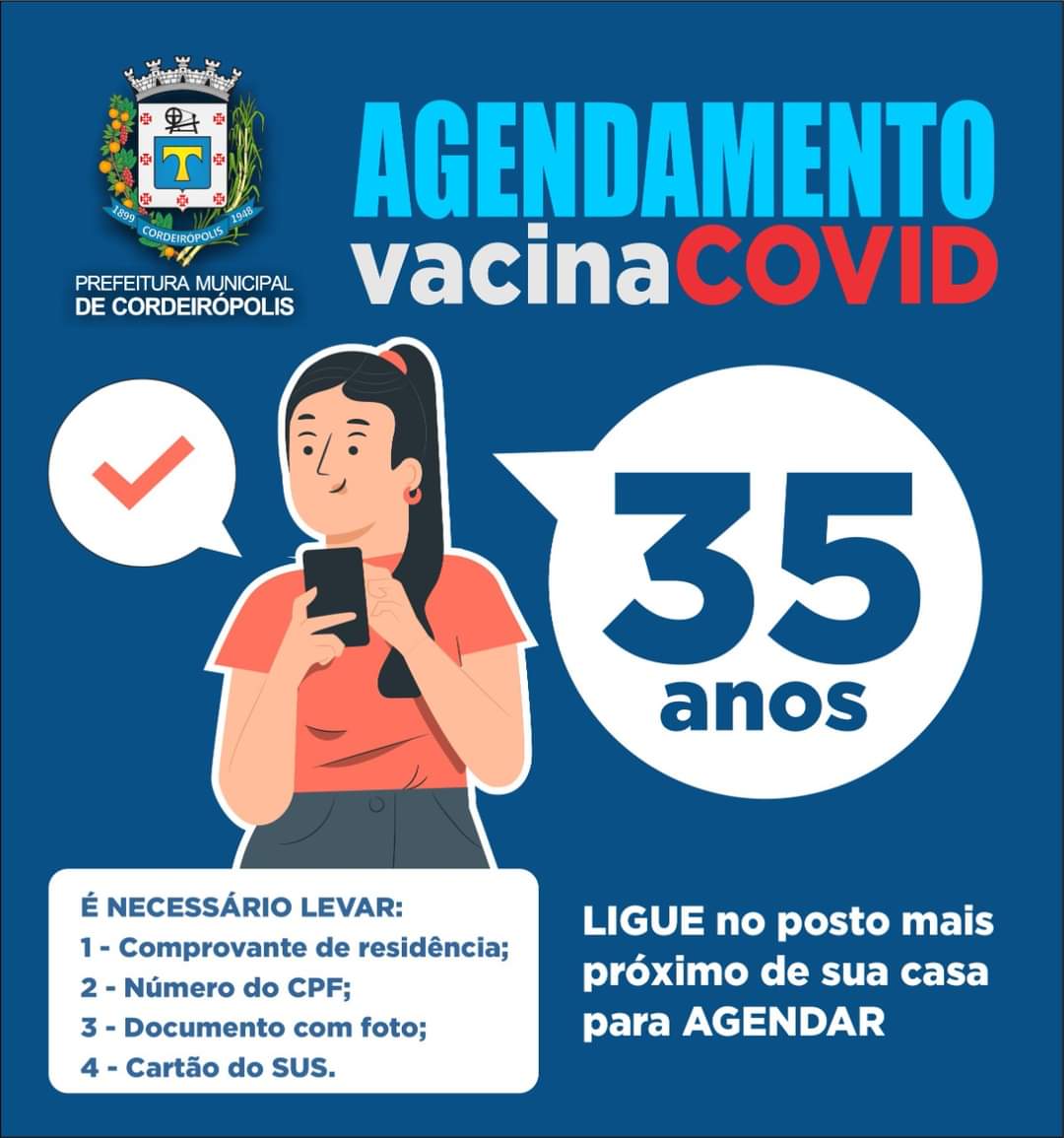 Cordeirópolis faz agendamento para vacinação acima dos 35 anos
