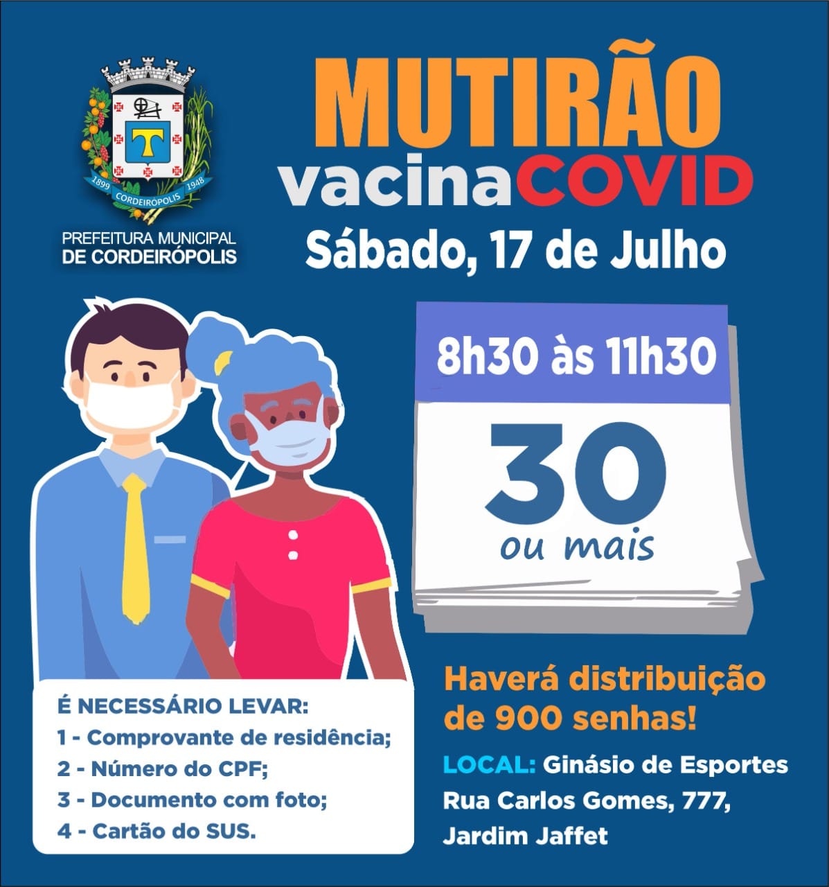 Sábado (17) terá mutirão de vacinação com distribuição de 900 senhas para pessoas acima de 30 anos
